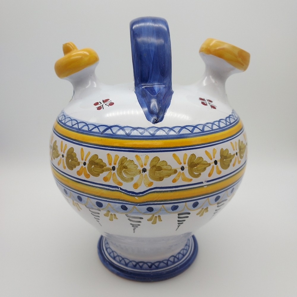 Vintage Talavera Spain 2 Spout Hand Painted Floral Design Jug, Signed on Bottom